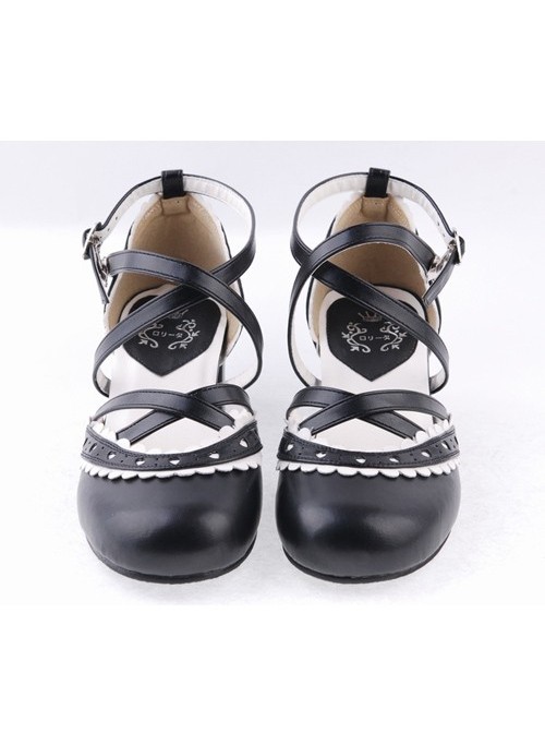 Black & White 2.6" High Heel Lovely PU Round Toe Criss Cross Straps Scalloped Platform Girls Lolita Shoes