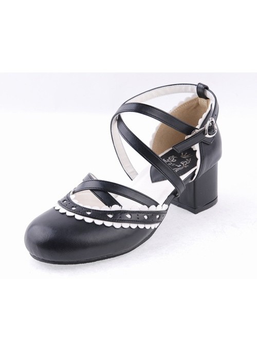 Black & White 2.6" High Heel Lovely PU Round Toe Criss Cross Straps Scalloped Platform Girls Lolita Shoes