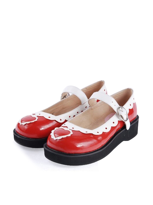 White & Red 1.2" High Heel Adorable Patent Leather Round Toe Strap Heart Decoration Platform Girls Lolita Shoes