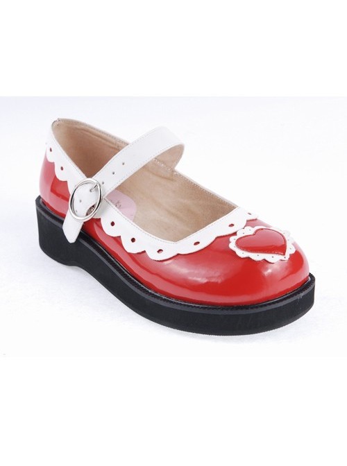 White & Red 1.2" High Heel Adorable Patent Leather Round Toe Strap Heart Decoration Platform Girls Lolita Shoes