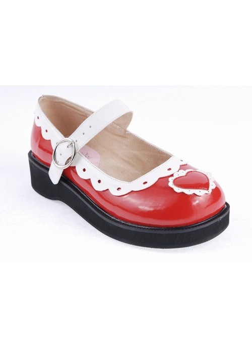 White & Red 1.2" High Heel Adorable Patent Leather Round Toe Strap Heart Decoration Platform Girls Lolita Shoes