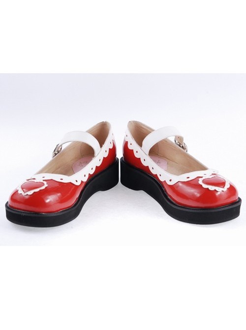 White & Red 1.2" High Heel Adorable Patent Leather Round Toe Strap Heart Decoration Platform Girls Lolita Shoes