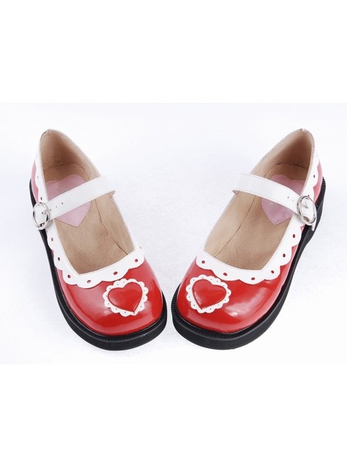 White & Red 1.2" High Heel Adorable Patent Leather Round Toe Strap Heart Decoration Platform Girls Lolita Shoes