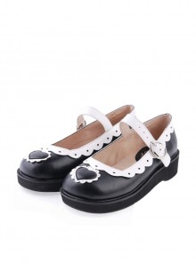 Black & White1.2" High Heel Lovely Polyurethane Round Toe Strap Heart Decoration Platform Girls Lolita Shoes