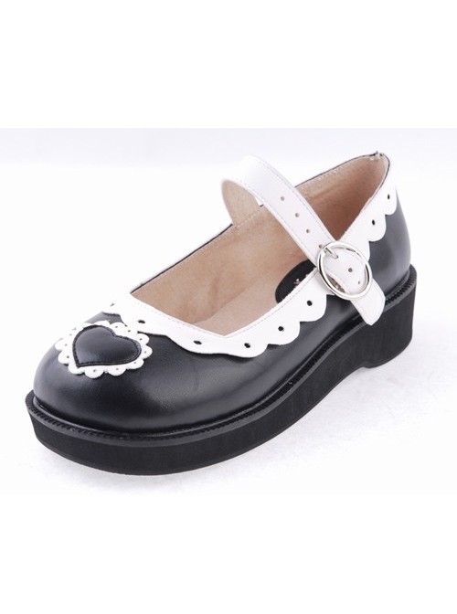 Black & White1.2" High Heel Lovely Polyurethane Round Toe Strap Heart Decoration Platform Girls Lolita Shoes