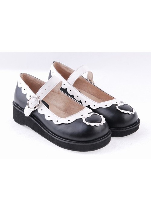 Black & White1.2" High Heel Lovely Polyurethane Round Toe Strap Heart Decoration Platform Girls Lolita Shoes