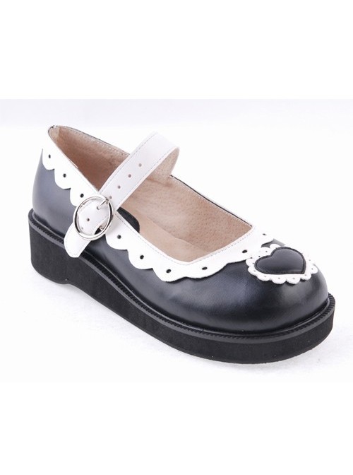 Black & White1.2" High Heel Lovely Polyurethane Round Toe Strap Heart Decoration Platform Girls Lolita Shoes