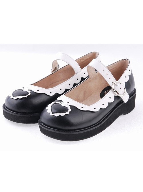 Black & White1.2" High Heel Lovely Polyurethane Round Toe Strap Heart Decoration Platform Girls Lolita Shoes