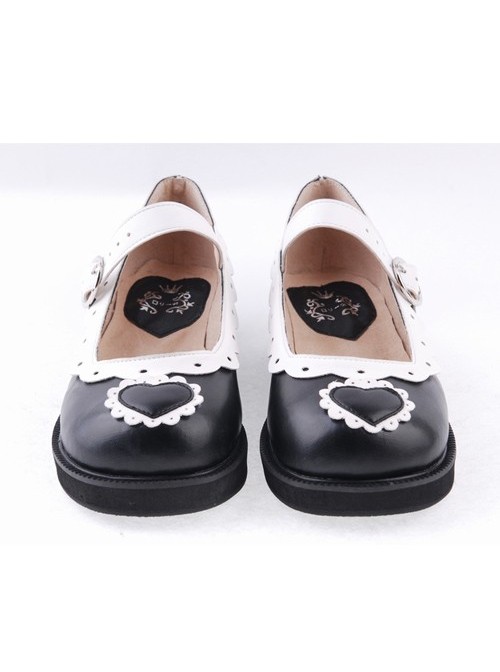 Black & White1.2" High Heel Lovely Polyurethane Round Toe Strap Heart Decoration Platform Girls Lolita Shoes