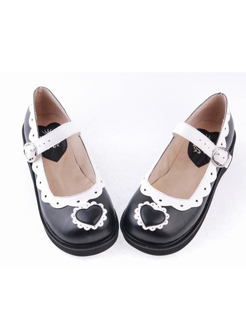 Black & White1.2" High Heel Lovely Polyurethane Round Toe Strap Heart Decoration Platform Girls Lolita Shoes