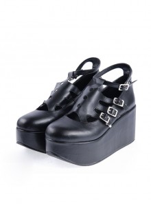 Black 3.1" High Heel Classic Patent Leather Round Toe Punk Style Buckle Platform Girls Lolita Shoes