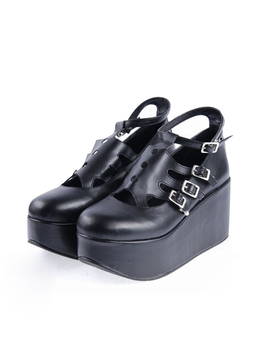 Black 3.1" High Heel Classic Patent Leather Round Toe Punk Style Buckle Platform Girls Lolita Shoes