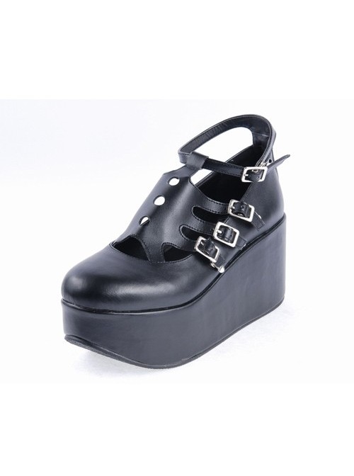 Black 3.1" High Heel Classic Patent Leather Round Toe Punk Style Buckle Platform Girls Lolita Shoes