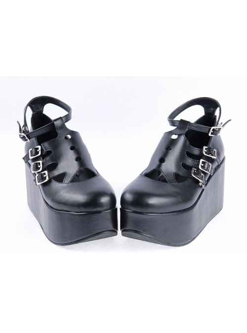 Black 3.1" High Heel Classic Patent Leather Round Toe Punk Style Buckle Platform Girls Lolita Shoes