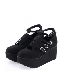 Black 3.1" High Heel Gorgeous Flannel Round Toe Japanese Punk Buckle Platform Girls Lolita Shoes