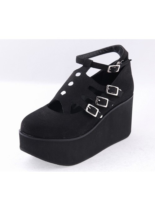 Black 3.1" High Heel Gorgeous Flannel Round Toe Japanese Punk Buckle Platform Girls Lolita Shoes