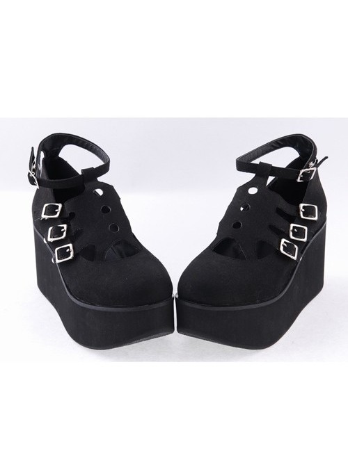 Black 3.1" High Heel Gorgeous Flannel Round Toe Japanese Punk Buckle Platform Girls Lolita Shoes