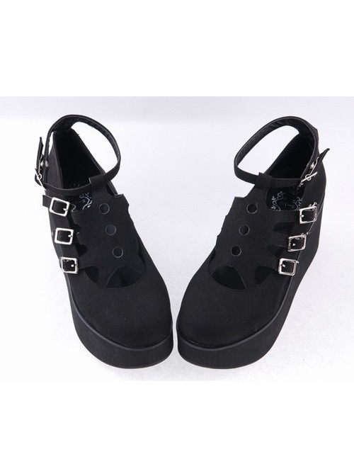 Black 3.1" High Heel Gorgeous Flannel Round Toe Japanese Punk Buckle Platform Girls Lolita Shoes