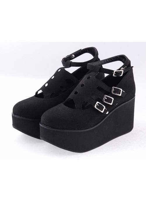 Black 3.1" High Heel Gorgeous Flannel Round Toe Japanese Punk Buckle Platform Girls Lolita Shoes