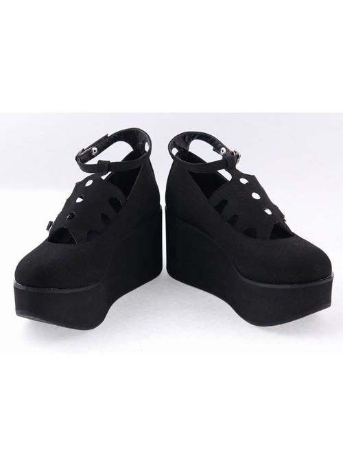 Black 3.1" High Heel Gorgeous Flannel Round Toe Japanese Punk Buckle Platform Girls Lolita Shoes