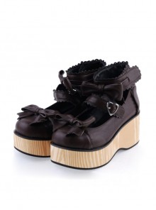 Brown 2.8" High Heel Classical Patent Leather Bow Straps Platform Girls Lolita Shoes