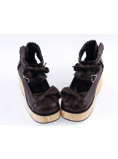 Brown 2.8" High Heel Classical Patent Leather Bow Straps Platform Girls Lolita Shoes