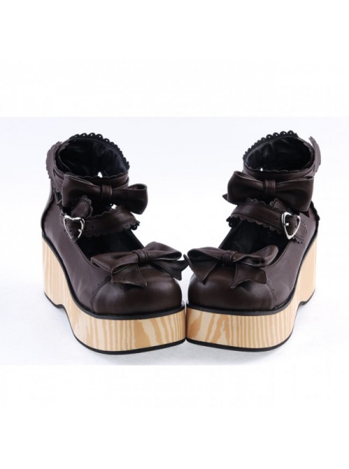 Brown 2.8" High Heel Classical Patent Leather Bow Straps Platform Girls Lolita Shoes