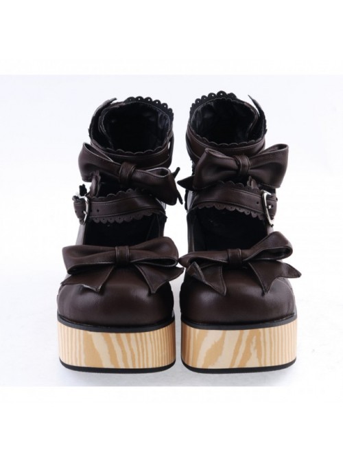 Brown 2.8" High Heel Classical Patent Leather Bow Straps Platform Girls Lolita Shoes