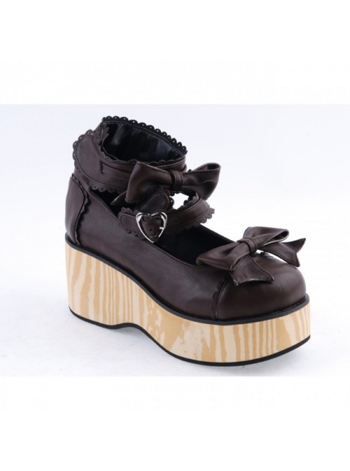 Brown 2.8" High Heel Classical Patent Leather Bow Straps Platform Girls Lolita Shoes