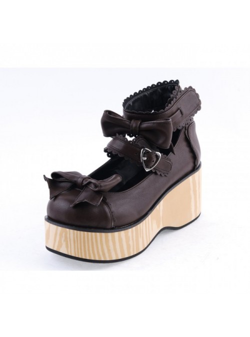 Brown 2.8" High Heel Classical Patent Leather Bow Straps Platform Girls Lolita Shoes