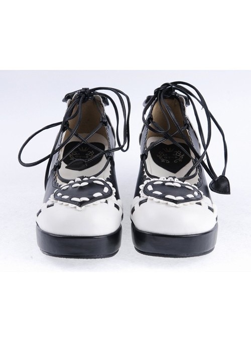 Black & White 2.4" High Heel Special Polyurethane Scalloped Lace Tie Platform Girls Lolita Shoes