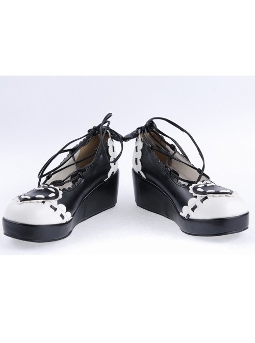 Black & White 2.4" High Heel Special Polyurethane Scalloped Lace Tie Platform Girls Lolita Shoes