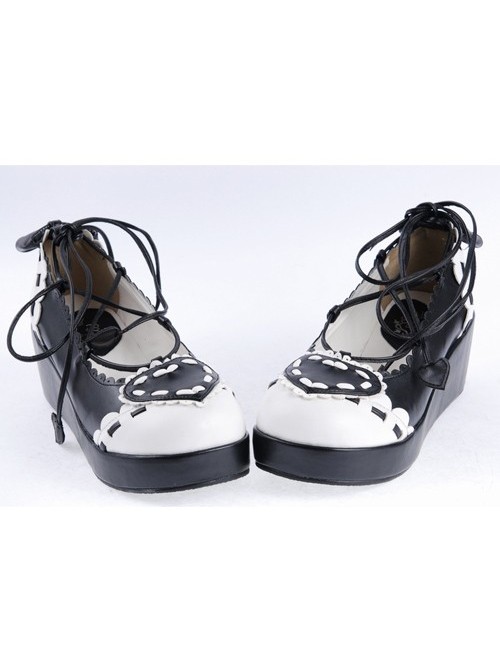 Black & White 2.4" High Heel Special Polyurethane Scalloped Lace Tie Platform Girls Lolita Shoes