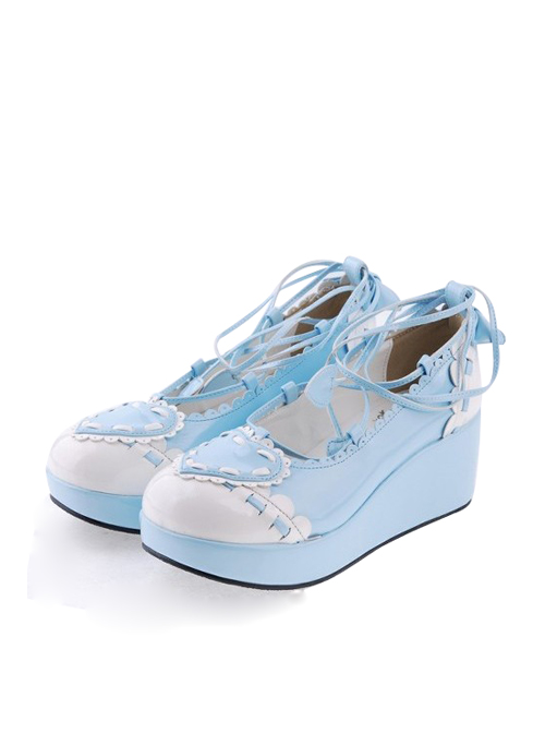 Sky-blue 2.4" High Heel Charming Synthetic Leather Scalloped Criss Cross Lace Tie Platform Girls Lolita Shoes
