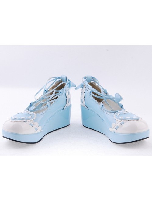 Sky-blue 2.4" High Heel Charming Synthetic Leather Scalloped Criss Cross Lace Tie Platform Girls Lolita Shoes