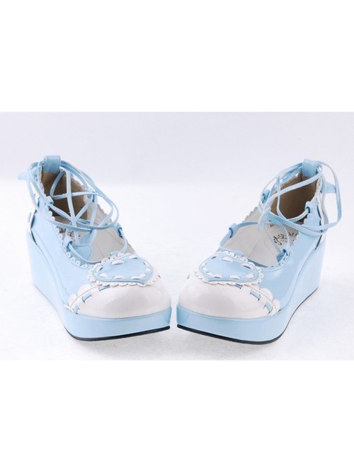 Sky-blue 2.4" High Heel Charming Synthetic Leather Scalloped Criss Cross Lace Tie Platform Girls Lolita Shoes