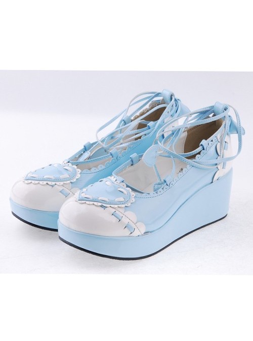 Sky-blue 2.4" High Heel Charming Synthetic Leather Scalloped Criss Cross Lace Tie Platform Girls Lolita Shoes