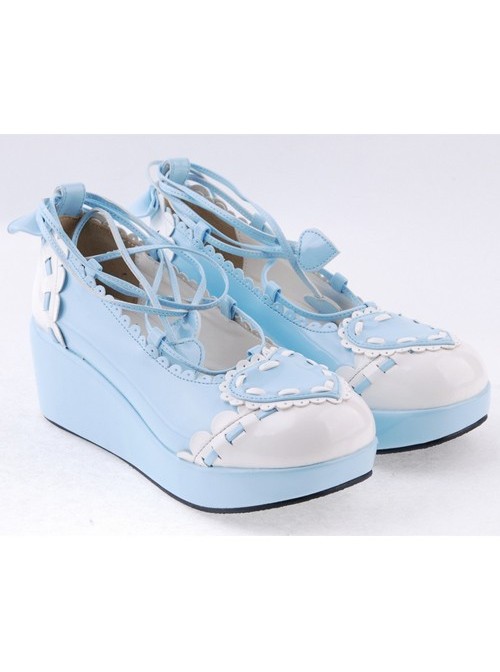 Sky-blue 2.4" High Heel Charming Synthetic Leather Scalloped Criss Cross Lace Tie Platform Girls Lolita Shoes