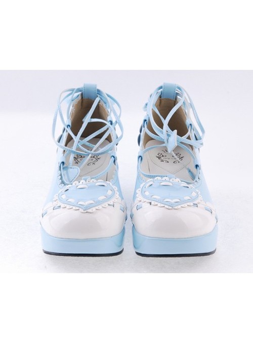 Sky-blue 2.4" High Heel Charming Synthetic Leather Scalloped Criss Cross Lace Tie Platform Girls Lolita Shoes