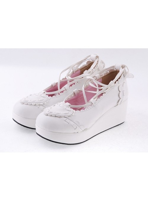 White 2.4" High Heel Sexy PU Scalloped Lace Tie Platform Girls Lolita Shoes