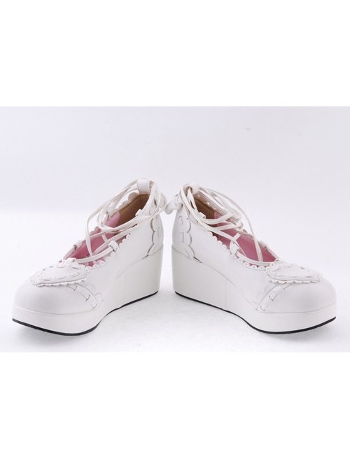 White 2.4" High Heel Sexy PU Scalloped Lace Tie Platform Girls Lolita Shoes