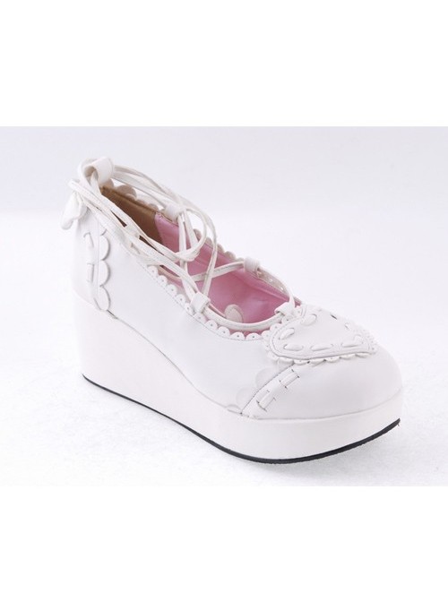 White 2.4" High Heel Sexy PU Scalloped Lace Tie Platform Girls Lolita Shoes