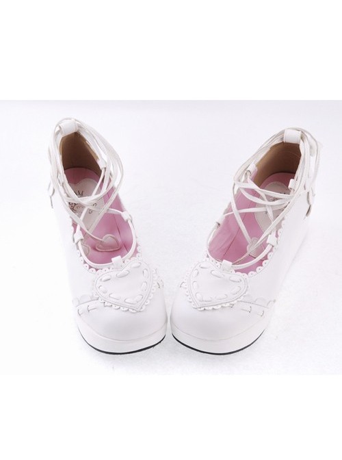 White 2.4" High Heel Sexy PU Scalloped Lace Tie Platform Girls Lolita Shoes