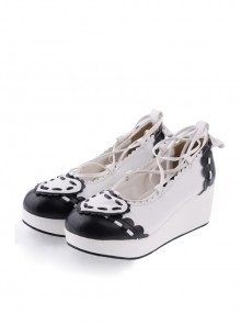 Black & White 2.4" High Heel Elegant Patent Leather Scalloped Criss Cross Lace Tie Platform Girls Lolita Shoes