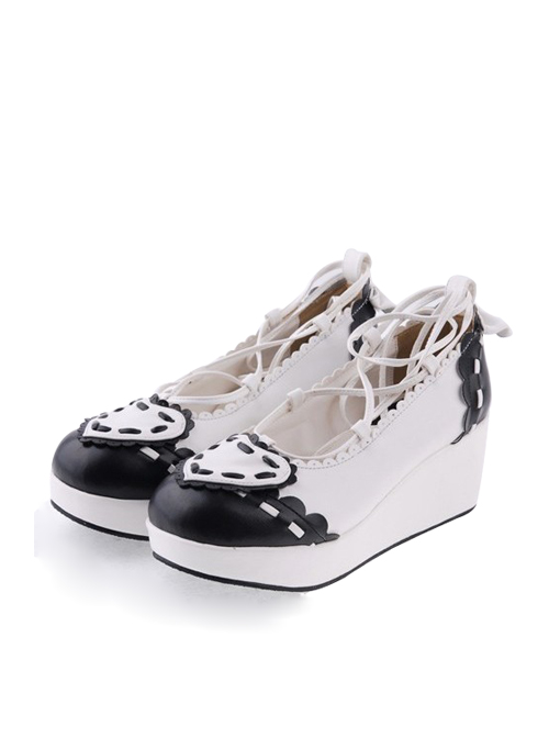 Black & White 2.4" High Heel Elegant Patent Leather Scalloped Criss Cross Lace Tie Platform Girls Lolita Shoes