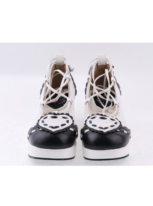Black & White 2.4" High Heel Elegant Patent Leather Scalloped Criss Cross Lace Tie Platform Girls Lolita Shoes