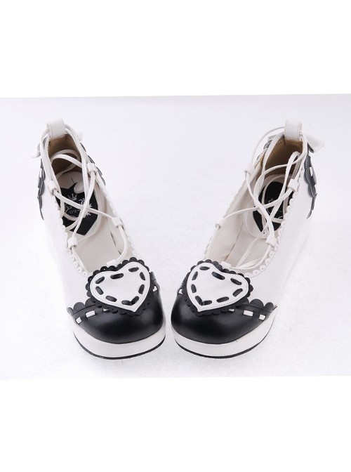 Black & White 2.4" High Heel Elegant Patent Leather Scalloped Criss Cross Lace Tie Platform Girls Lolita Shoes