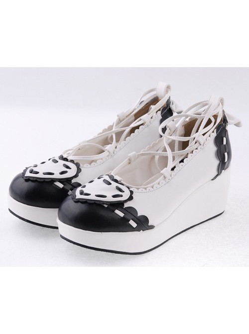 Black & White 2.4" High Heel Elegant Patent Leather Scalloped Criss Cross Lace Tie Platform Girls Lolita Shoes