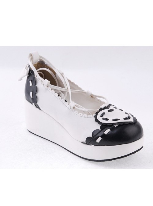 Black & White 2.4" High Heel Elegant Patent Leather Scalloped Criss Cross Lace Tie Platform Girls Lolita Shoes