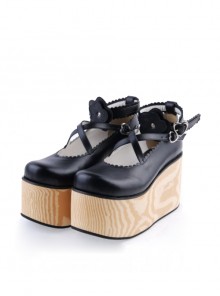 Black 3.9" High Heel Lovely Patent Leather Cross Straps Flower Decoration Platform Girls Lolita Shoes